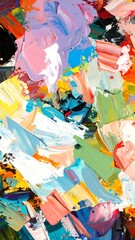 A vibrant, textured abstract painting displays a dynamic array of bold colors, expertly blended and layered to create a striking visual composition.