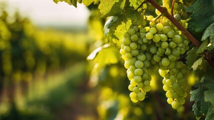 Naklejka premium Close-up of green grapes bunch hanging in vineyard, fresh ripe fruit in natural sunlight, agriculture harvest, healthy organic grapes, vineyard scenery, summer fruit crop in nature