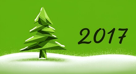 Stylized christmas tree over snowy background with the year 2017 on green backdrop