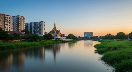 Fototapeta premium Scenic landscape of Nan River in Phitsanulok Thailand with temple and buildings in horizon