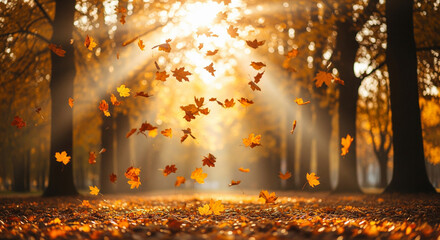 Naklejka premium Golden Autumn Leaves Gently Fall In A Forest With Sunbeams Streaking Through The Trees Canopy