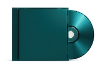 Turquoise cd case partially open, exposing compact disc against transparent backdrop, highlighting digital media storage design