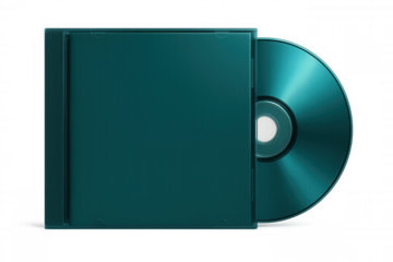 Turquoise cd case partially open, exposing compact disc against transparent backdrop, highlighting digital media storage design
