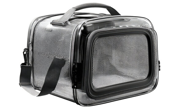 Clear, rectangular carrying case with black accents.  The case is made of clear plastic, and has black handles and trim.  A mesh window allows visibility
