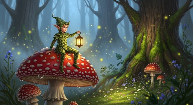 An elven figure sits atop a giant mushroom, holding a lantern in a mystical forest. - Powered by Adobe