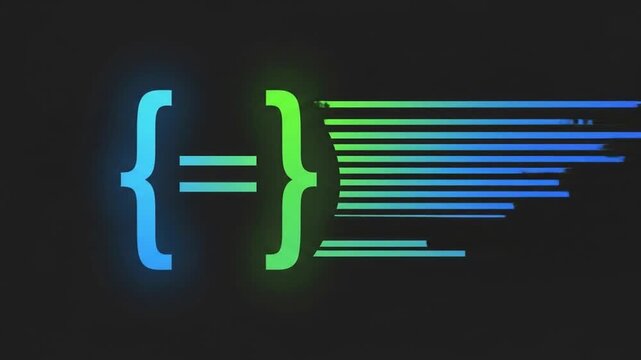 Dynamic coding concept with glowing brackets and digital data stream, representing programming innovation