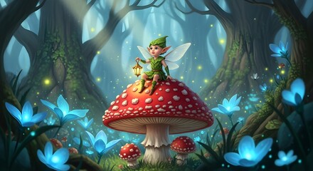 A whimsical fairy with a lantern perched atop a vibrant red mushroom in an enchanted forest.