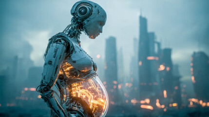Fototapeta premium Pregnant humanoid robot with glowing belly against futuristic city background