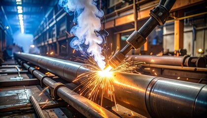 Industrial metal welding process in a large facility, showcasing a close-up of a robotic arm welding large metal pipes.