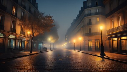 dark foggy night in paris mystical lights on the street