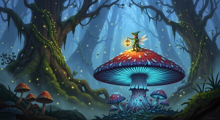 A whimsical fairy perched atop a giant mushroom, illuminating the enchanted forest at dusk with a lantern.