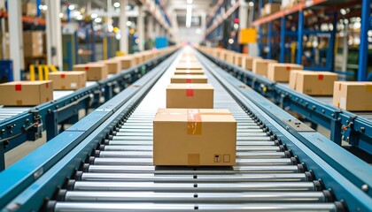 Cardboard boxes on conveyor belt in warehouse