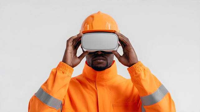 African american man in orange hard hat and safety jacket putting on a virtual reality headset. Metaverse simulation for industry and engineering.