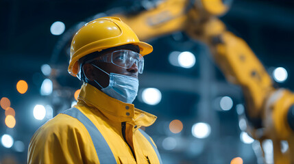 African american man in hard hat and safety mask. Engineer and worker in factory, industrial or construction setting.