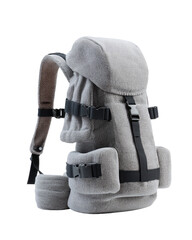 Naklejka premium Light gray backpack with faux fur, padded compartments, and adjustable straps