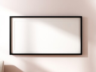 modern black photo frame mockup  with white empty passe-partout, no picture inside, realistic reflections on glass, natural studio lighting, placed on wall in modern minimalist interior