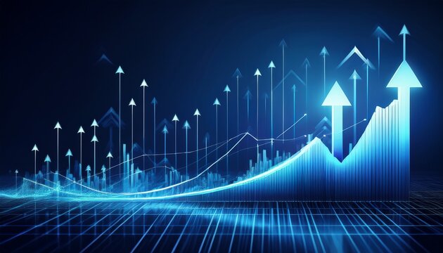 a dark blue backdrop pulsates with upward trending arrows forming a dynamic financial graph that symbolizes the growth of a successful business powered by the generative capabilities of ai