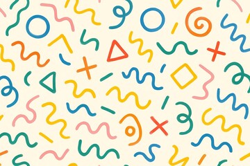 Colorful doodle seamless pattern with simple shapes Fun childlike texture and scribbled background