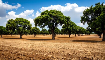 A vast, sun-drenched landscape displays rows of lush green trees standing tall on a field of light brown soil, under a partly cloudy blue sky.