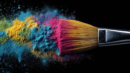Fototapeta premium Colorful powder explodes around a paintbrush on a black background