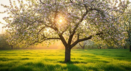 Fototapeta premium Sunrise over a blossoming tree in a field.