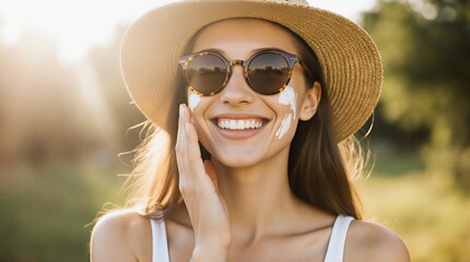 detailed portrait of a woman applying sunscreen with artistry, capturing the essence of summer vibes | travel, vacation, beauty, fashion, summers theme
