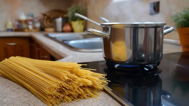 Close-up of a pack of dry spaghetti on a kitchen countertop. In the background is a pot of boiling water. Preparing to cook dinner. Perfect for food, cooking, and healthy eating content.