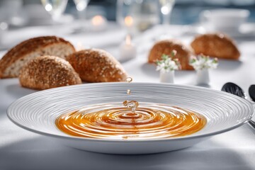 Golden liquid dish with a mesmerizing ripple, presented on an elegant table setting.