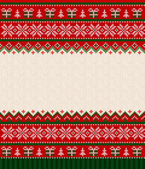 Cozy Knitted Christmas Border with Snowflakes and Reindeer. Red Green Christmas Sweater Background Holiday Pattern. Ugly Sweater Style Invitation Template, Festive Knit Design Vector Illustration