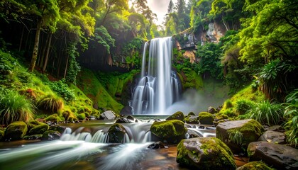 Lush greenery surrounds a cascading waterfall, flowing over rocks in a serene natural setting.