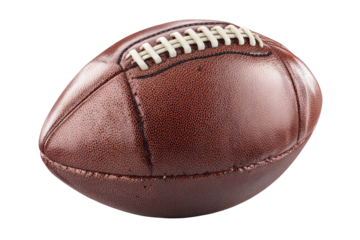 Close-up view of a brown leather American football with white laces