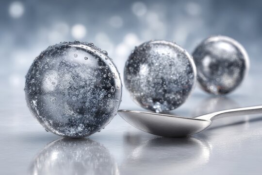 Glistening spheres with water droplets, beside a polished silver spoon.