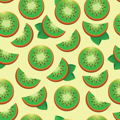 Cute Seamless kiwifruit Slices Pattern on light yellow background. Perfect for summer themed packaging, wrapping or fabric and digital design.