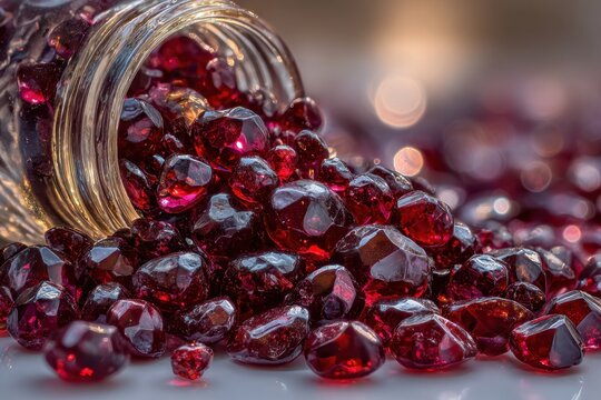 Close-up of sparkling deep red faceted gems spilling from a glass jar.