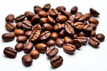 Fototapeta premium Roasted coffee beans isolated on a pure white background, showcasing their rich brown tones and natural texture, heap, object