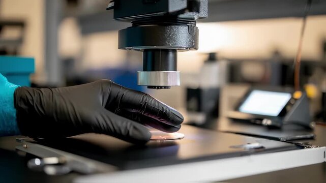 Medium shot highlighting a technicians precise placement of a polymer film under FTIR sensor head with tactile sample detail in focus and lab benches out of focus.