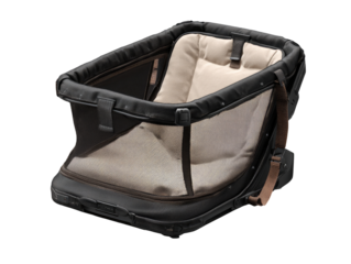 A dark-brown, rectangular infant carrier with a beige interior.  The carrier has a padded seat and mesh sides