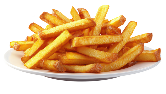 Golden fried potatoes piled high on a white plate. Delicious, crispy snack