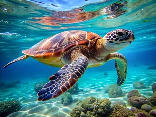 Fototapeta premium Sea turtle gliding through clear blue ocean swimming