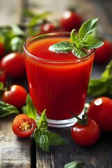 Tomato juice in clear glass with basil on rustic wood as a metaphor for vitality and self care