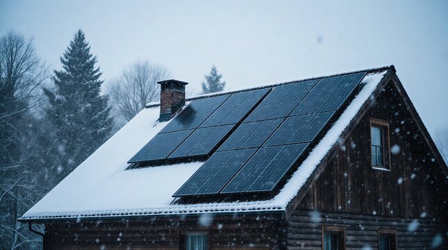 solar panels covered in snow on a snowy house roof in the winter woods | clean energy, power, technology, environment, sustainability theme