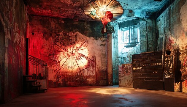 The image shows an interior space with distressed walls, graffiti, red and blue lighting, and a dark spiral staircase, suggesting an abandoned or repurposed building.