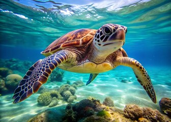 Fototapeta premium Sea turtle swimming underwater coral reef ocean