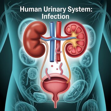 Urinary Tract Bacterial Infection or UTI anatomy caused by bacteria as E coli with the kidneys ureters bladder and the urethra as Urethritis Cystitis Pyelonephritis.