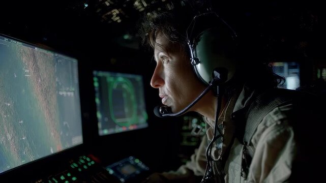 Medium shot showing a focused drone pilot programming GPS waypoints on a glowing screen while the rest of the training room fades into darkness.