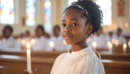 A young girl, holding a candle, looks thoughtfully forward during a church ceremony, surrounded by others in prayerful reverence.