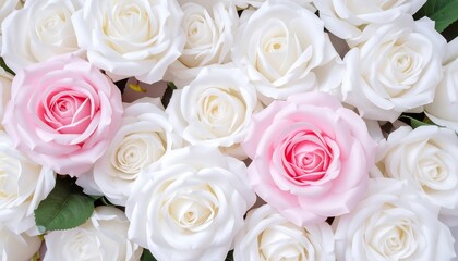 Obraz premium A close-up view of a stunning arrangement of white and pale pink roses, showcasing the delicate petals and vibrant colors.