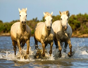 Obraz premium Three white horses galloping in shallow water