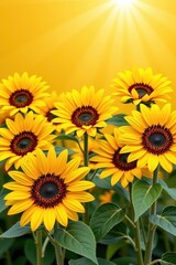 Fototapeta premium Vibrant sunshine background with cheerful sunflowers, bright yellow petals and green leaves, summery and joyful scene, nature, yellow