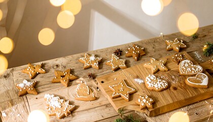 Festive gingerbread cookies on rustic wooden boards